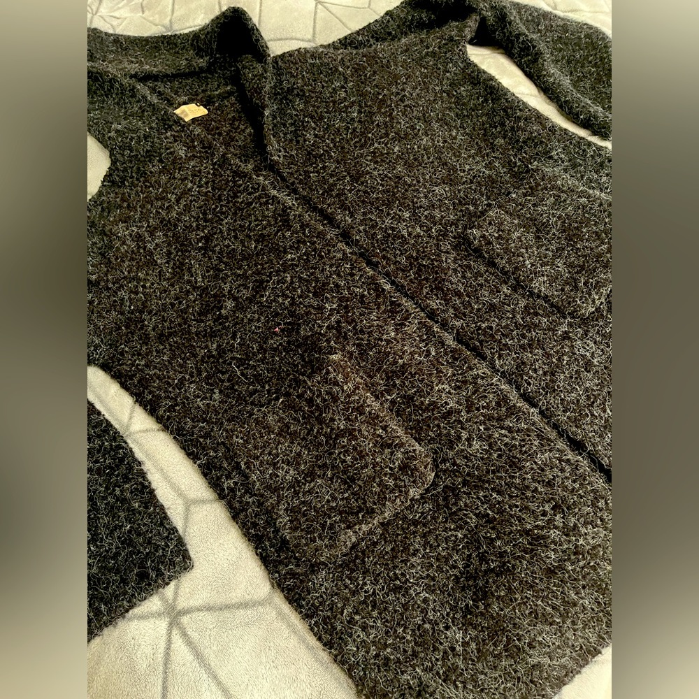 Look By M Hooded Dark Grey Rough Knit Long Open Cardigan Sweater Coatigan SzOS